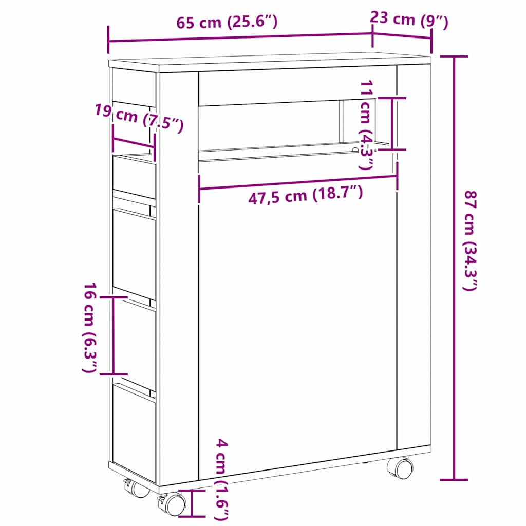 Bathroom Furniture Set with Wheel Black Oak 65 x 23 x 87 cm