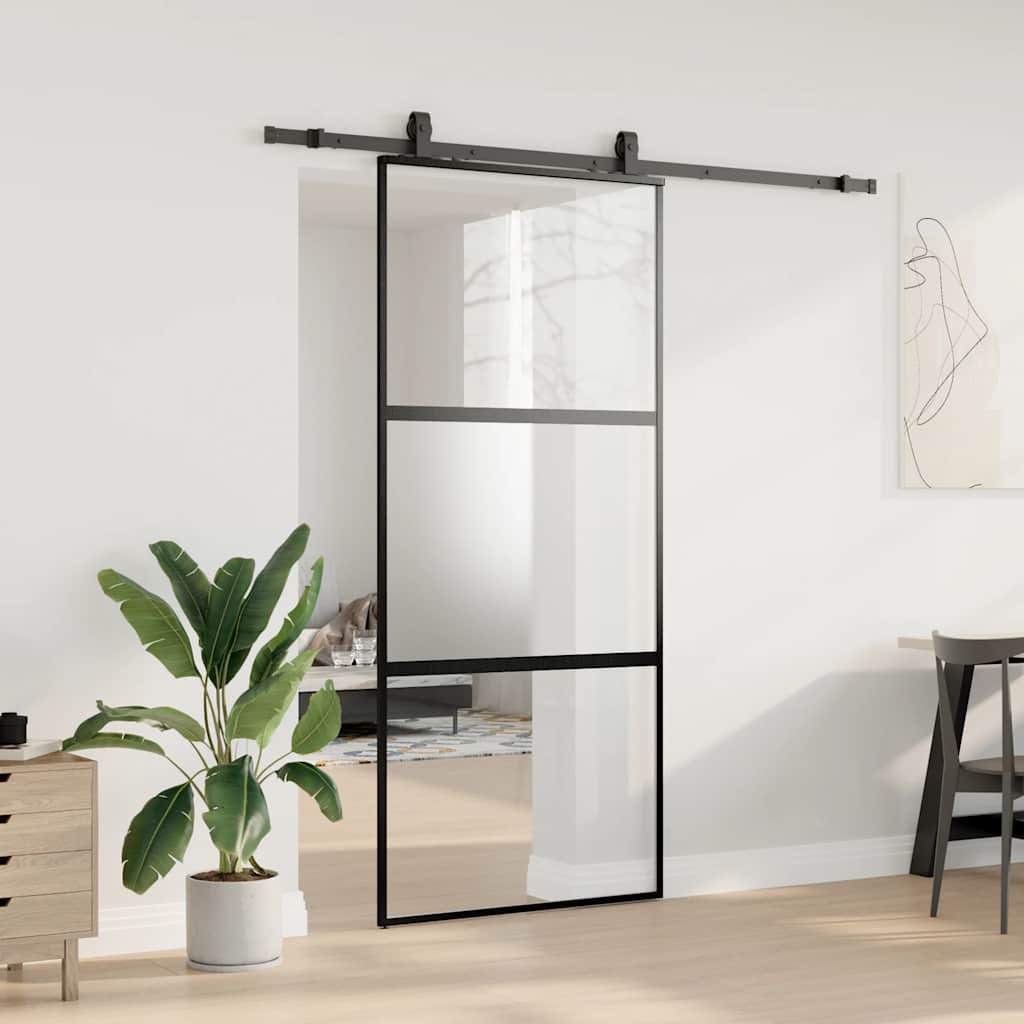 Sliding Door with Hardware Set Black 90x205 cm Tempered Glass