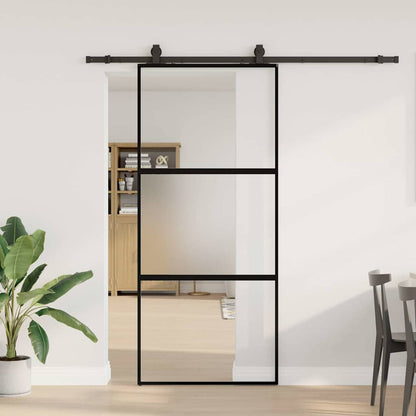 Sliding Door with Hardware Set Black 90x205 cm Tempered Glass