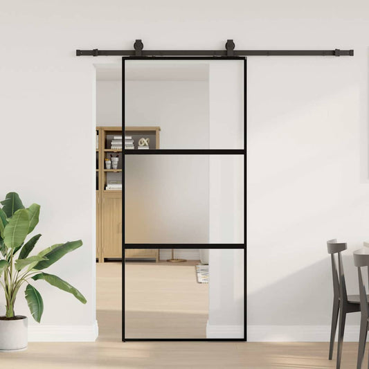 Sliding Door with Hardware Set Black 90x205 cm Tempered Glass