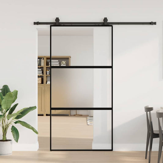 Sliding Door with Hardware Set Black 102.5x205 cm Tempered Glass