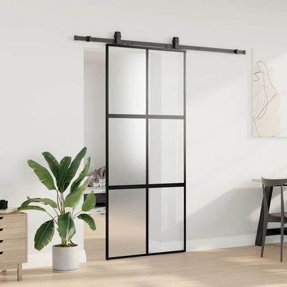 Sliding Door with Hardware Set Black 90x205 cm Tempered Glass