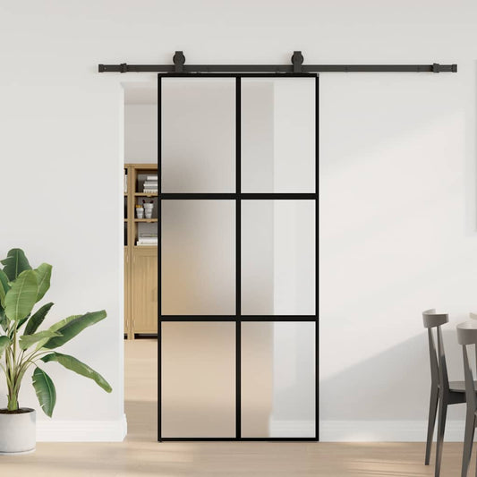 Sliding Door with Hardware Set Black 90x205 cm Tempered Glass