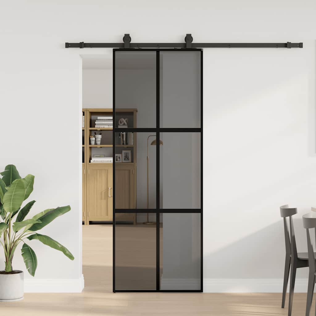 Sliding Door with Hardware Set Black 76x205 cm Tempered Glass