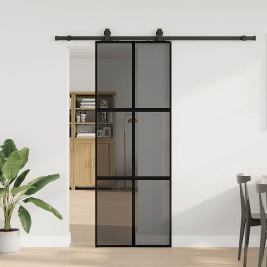 Sliding Door with Hardware Set Black 76x205 cm Tempered Glass