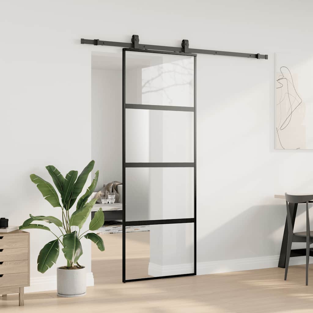 Sliding Door with Hardware Set Black 76x205 cm Tempered Glass