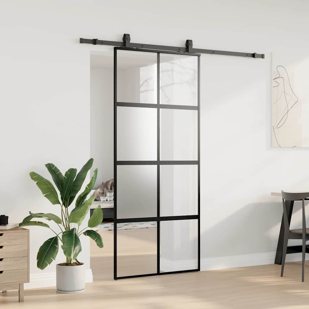 Sliding Door with Hardware Set Black 90x205 cm Tempered Glass