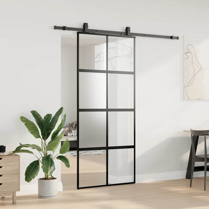 Sliding Door with Hardware Set Black 90x205 cm Tempered Glass