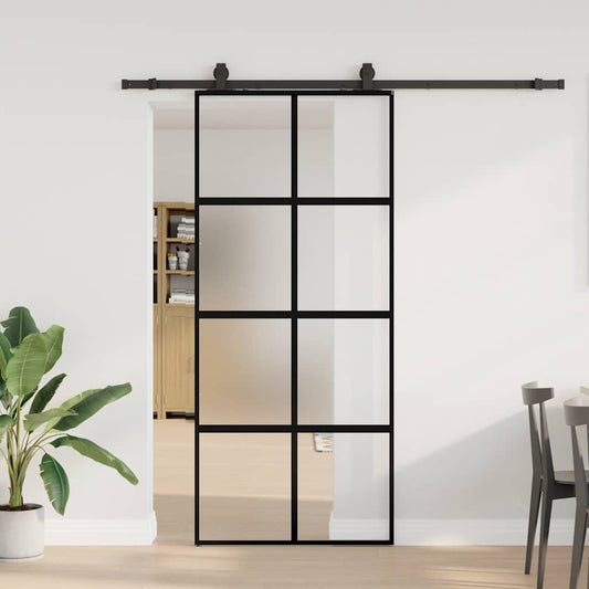 Sliding Door with Hardware Set Black 90x205 cm Tempered Glass
