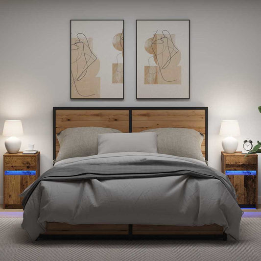 LED Bedside Cabinet with Drawer 2 pcs Old wood 38 x 34 x 61 cm