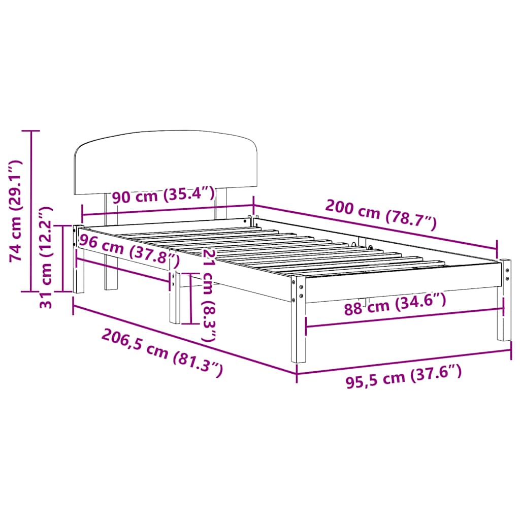 Bed Frame with Headboard Brown 90 x 200 cm Solid Pine wood