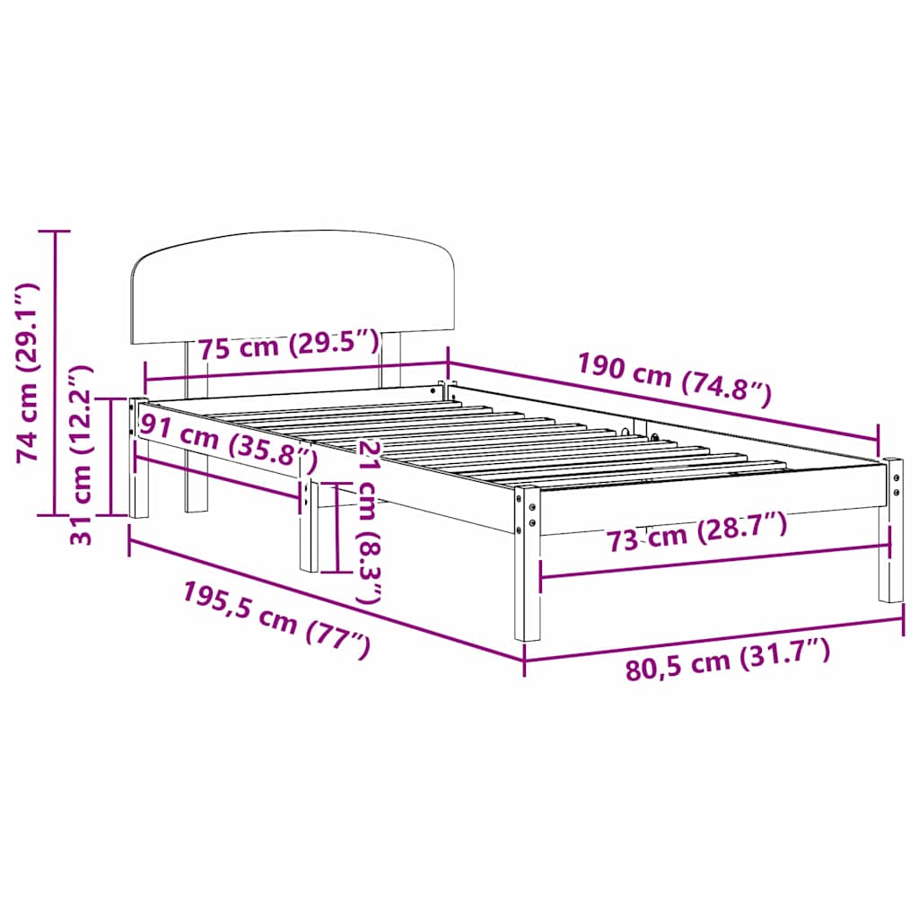 Bed Frame with Headboard Brown 75 x 190 cm Solid Pine wood