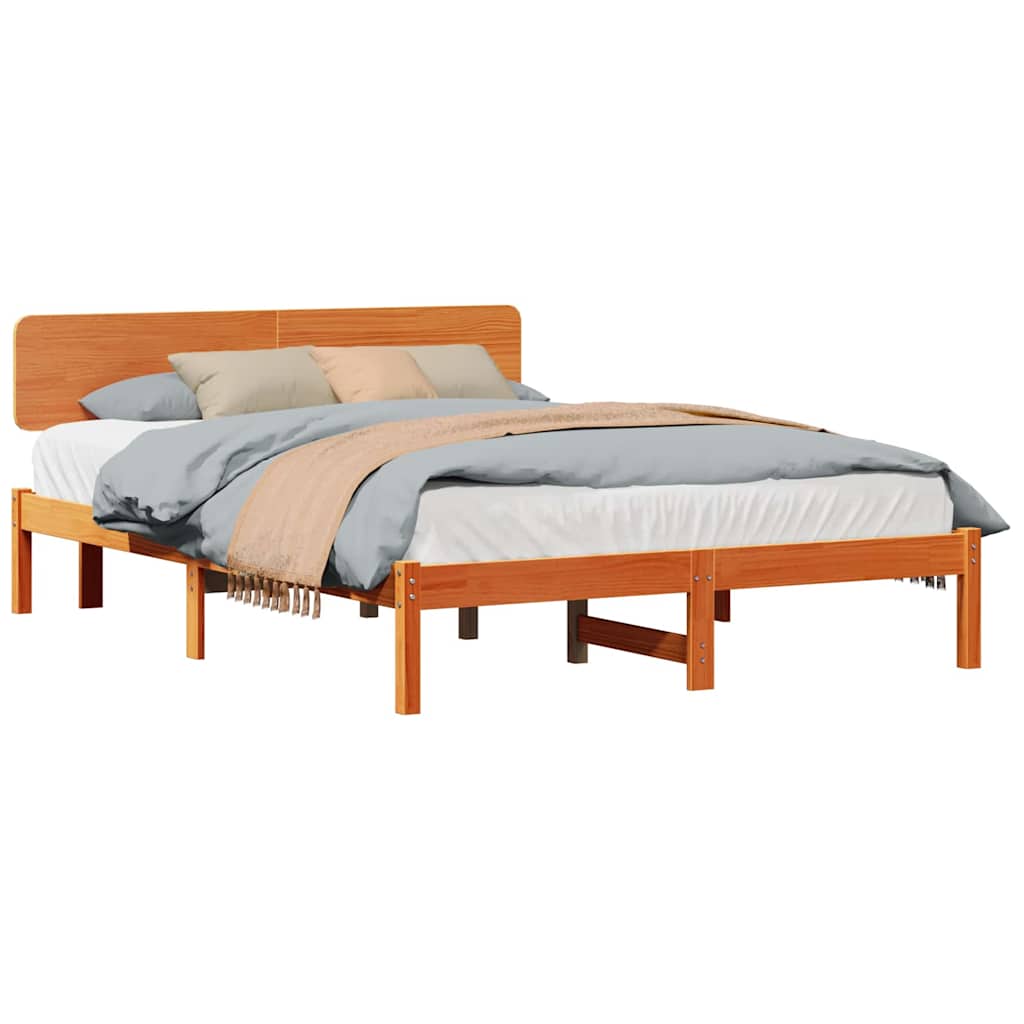 Bed Frame with Headboard Wax Brown 150 x 200 cm Solid Pine Wood