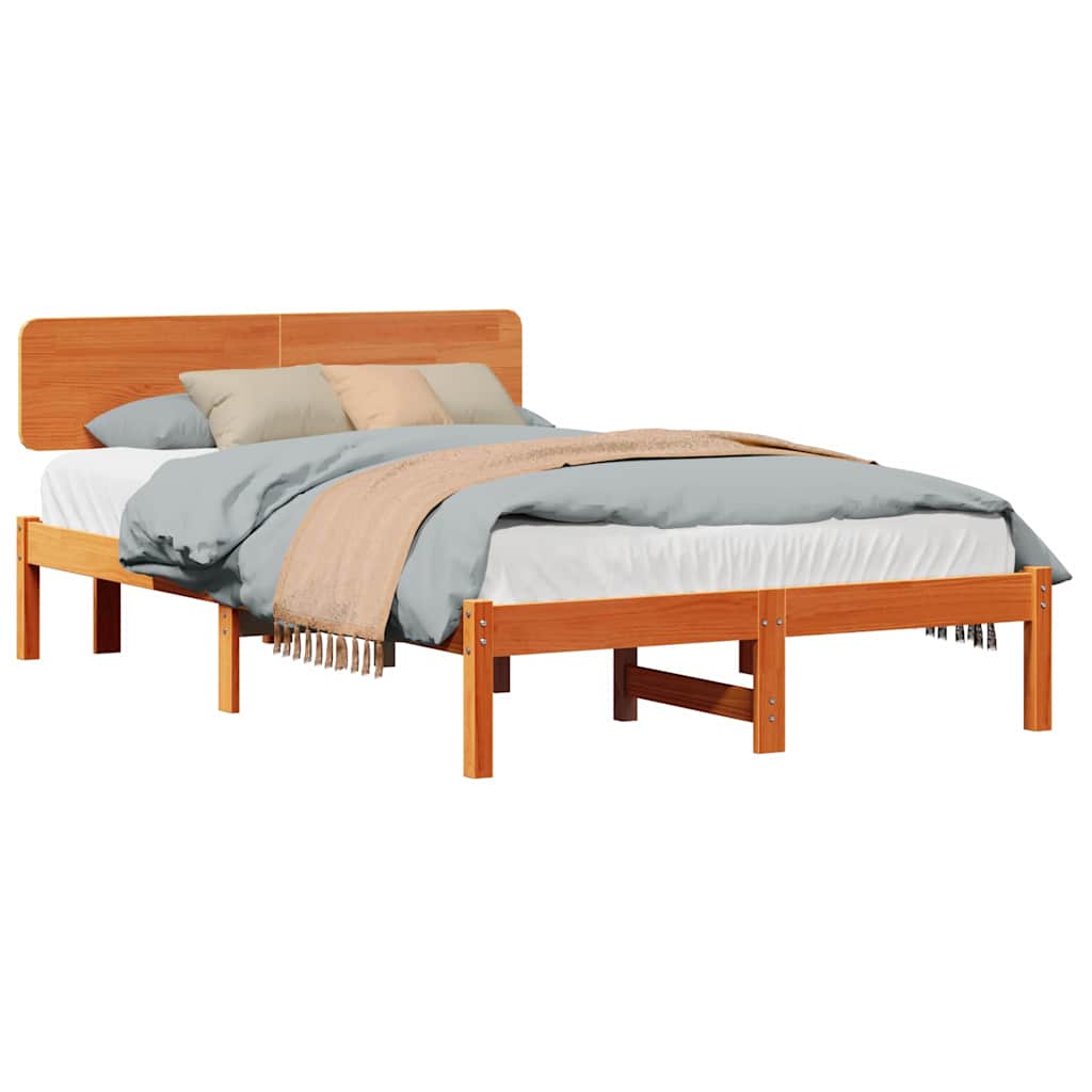 Bed Frame with Headboard Wax Brown 135 x 190 cm Solid Pine Wood
