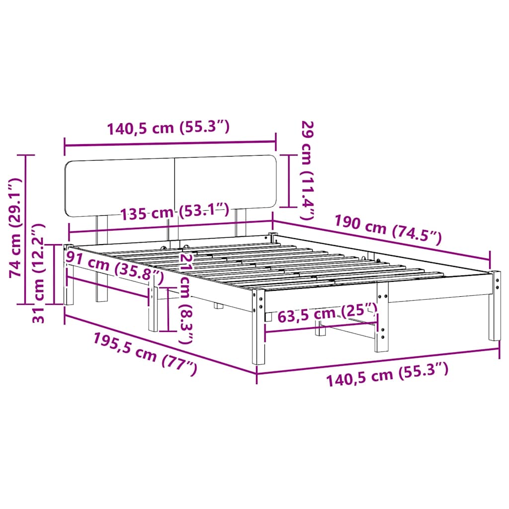 Bed Frame with Headboard Wax Brown 135 x 190 cm Solid Pine Wood