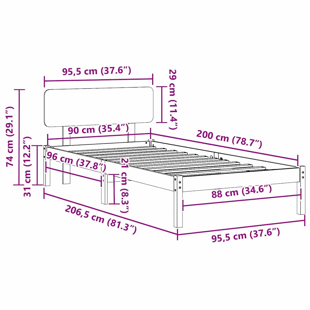 Bed Frame with Headboard Natural 90 x 200 cm Solid Pine Wood