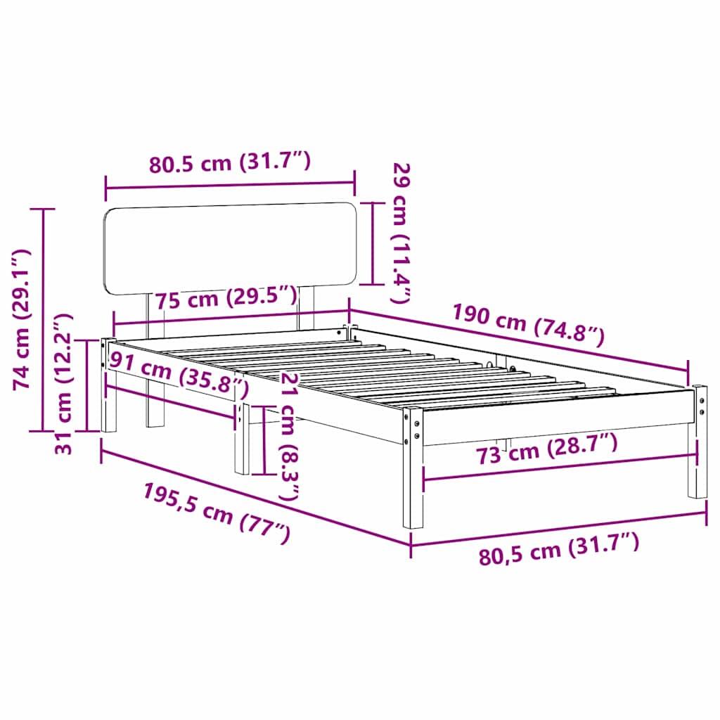Bed Frame with Headboard White 75 x 190 cm Solid Pine Wood