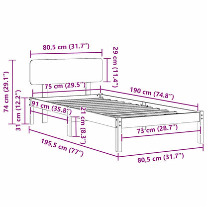 Bed Frame with Headboard White 75 x 190 cm Solid Pine Wood