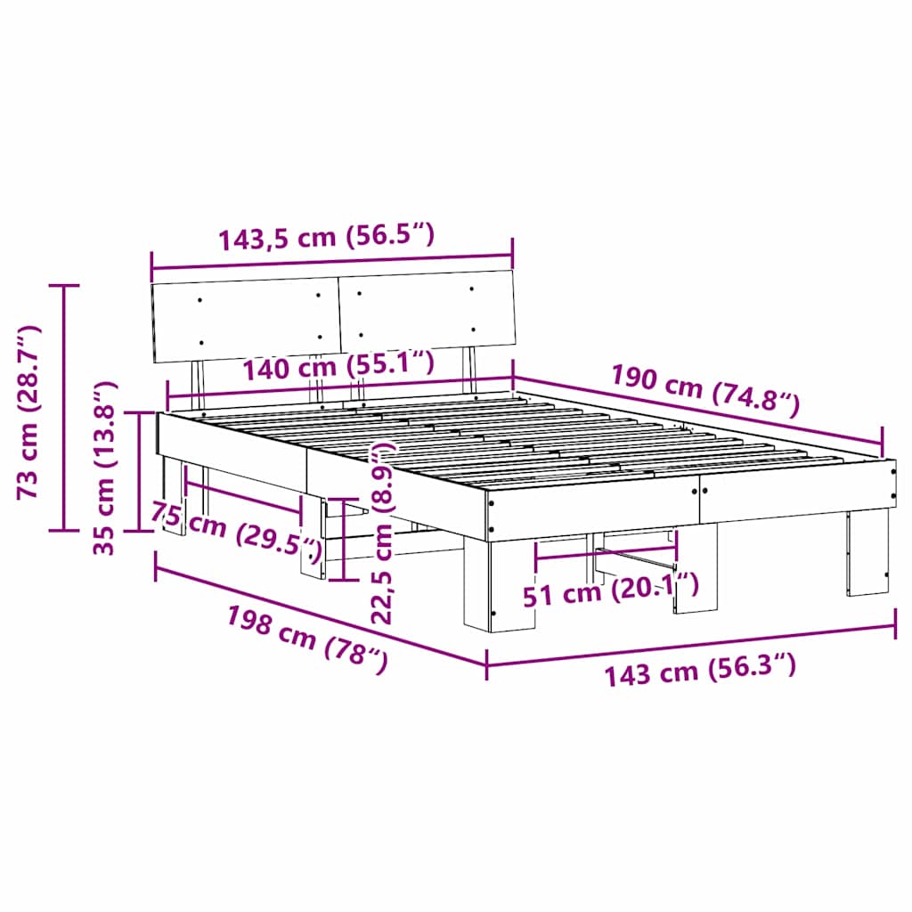 Bed Frame with Headboard Wax brown 140 x 190 cm Solid pine wood