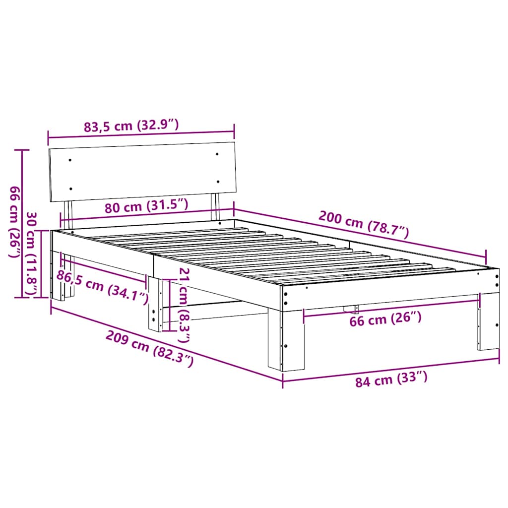 Bed Frame with Headboard Brown 80 x 200 cm Solid Pine wood
