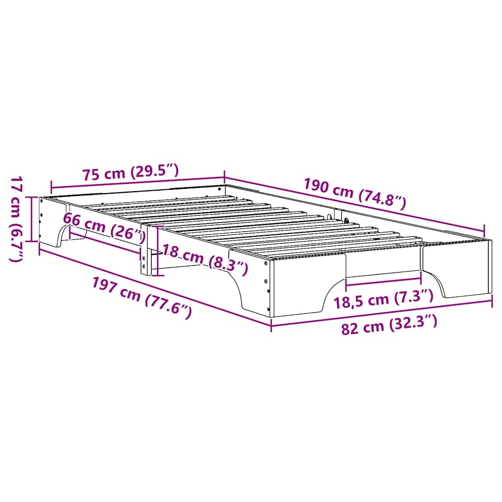 Bed Frame Wax Brown 75 x 190 cm Solid Pine Wood