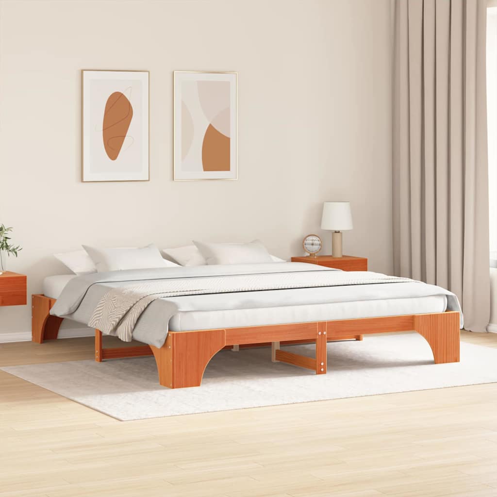 Bed Frame Wax Brown 200 x 200 cm Solid Pine Wood