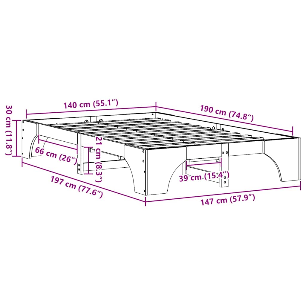Bed Frame Wax Brown 140 x 190 cm Solid Pine Wood