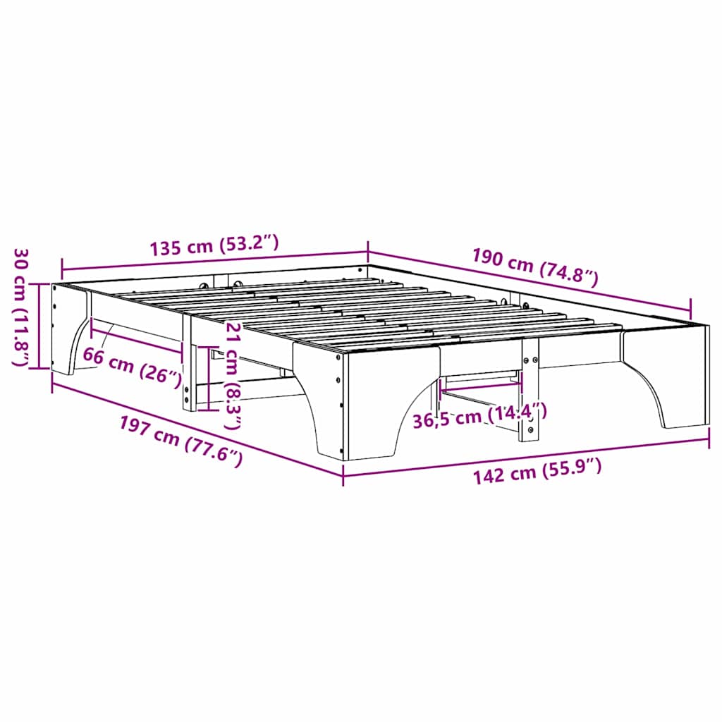 Bed Frame Wax Brown 135 x 190 cm Solid Pine Wood