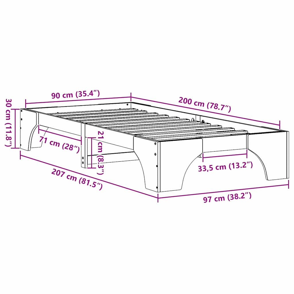 Bed Frame White 90 x 200 cm Solid Pine Wood