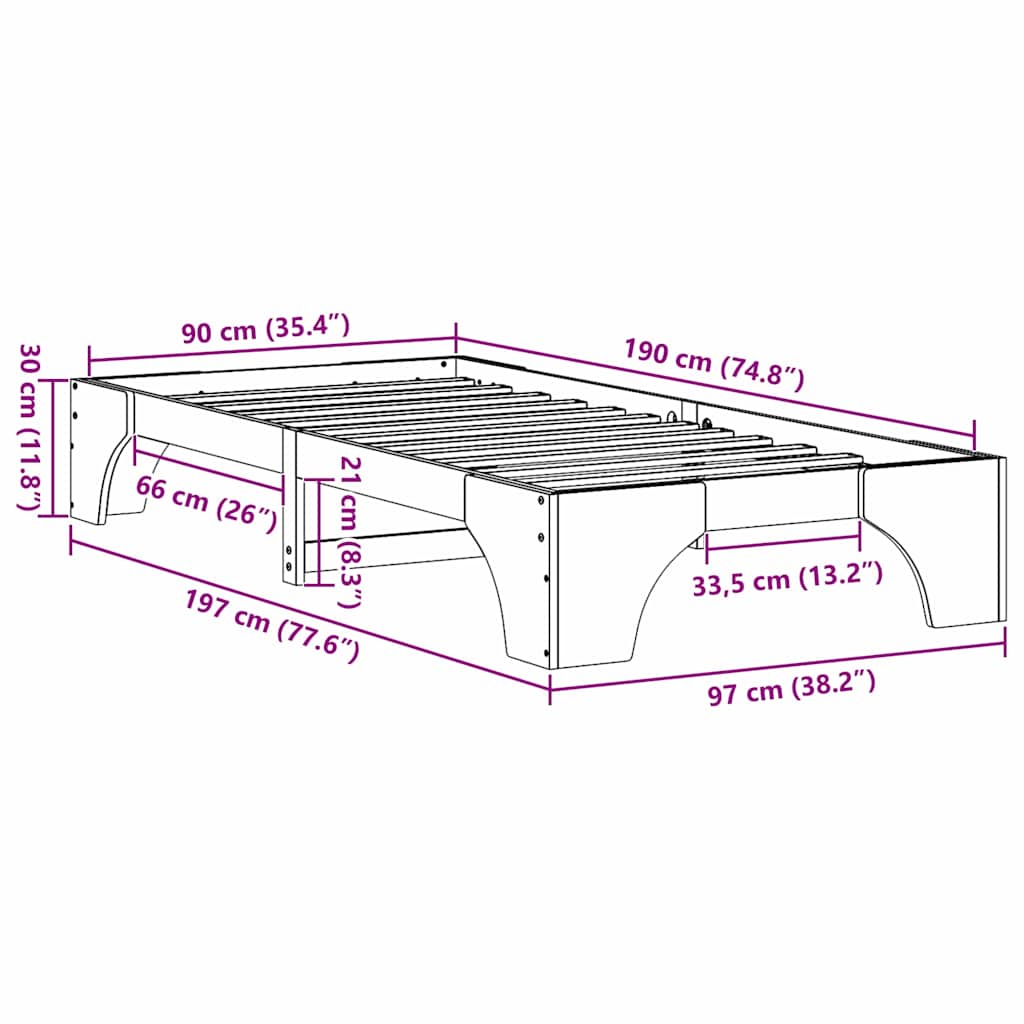 Bed Frame Wax Brown 90 x 190 cm Solid Pine Wood