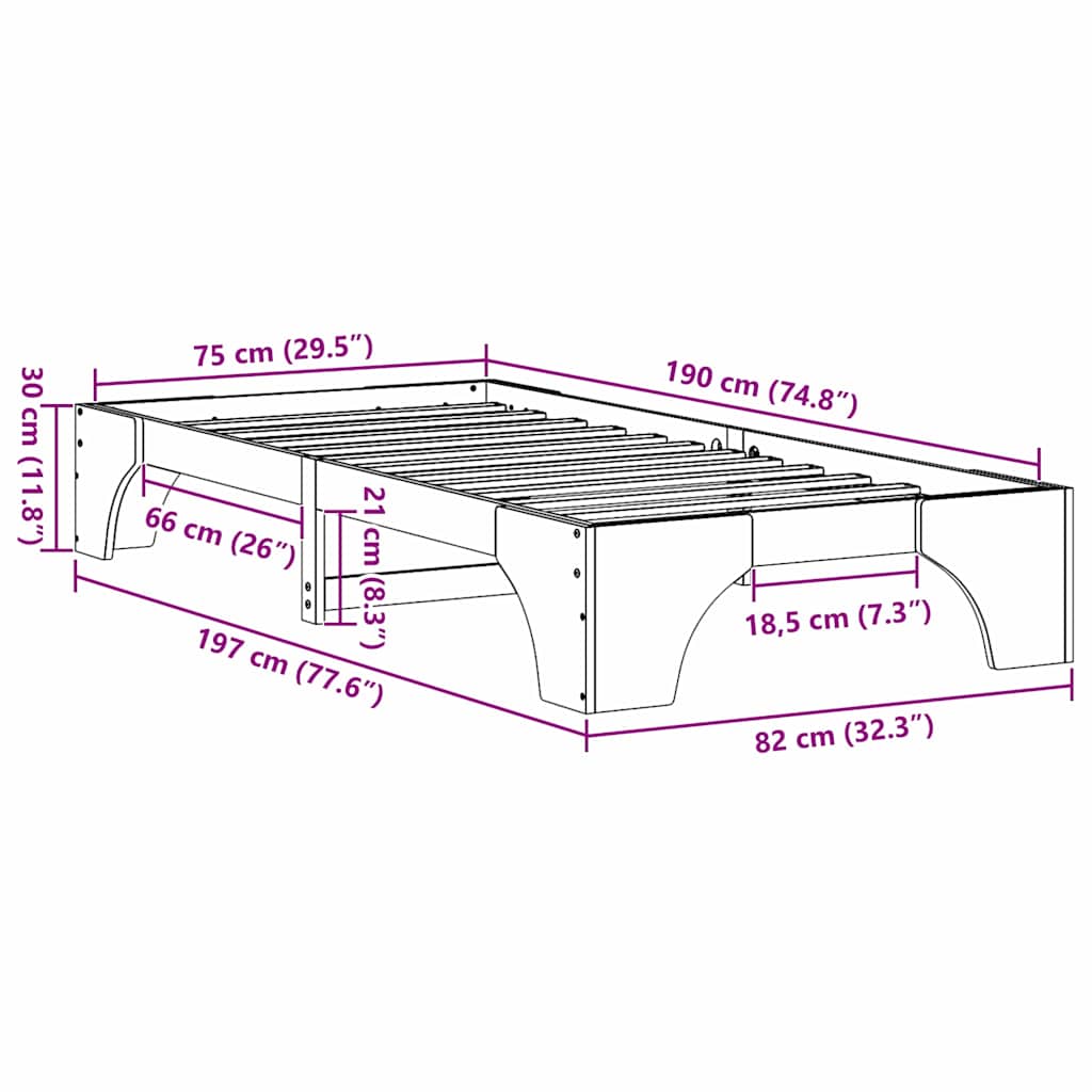 Bed Frame Wax Brown 75 x 190 cm Solid Pine Wood