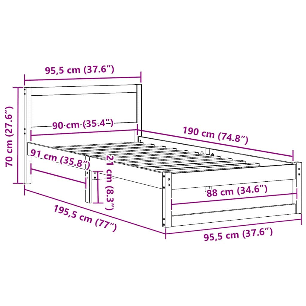 Bed Frame with Headboard Brown 90 x 190 cm Solid Pine wood