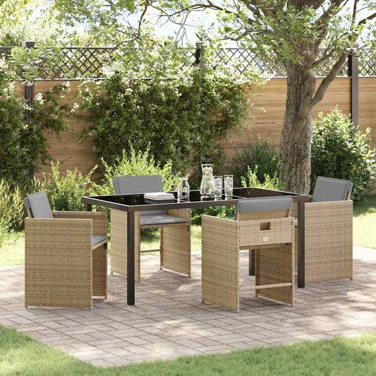 Garden Dining Set with Cushion Folding 5 pcs Beige Poly rattan