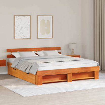 Bed Frame with Headboard Wax Brown 200 x 200 cm Solid Pine Wood