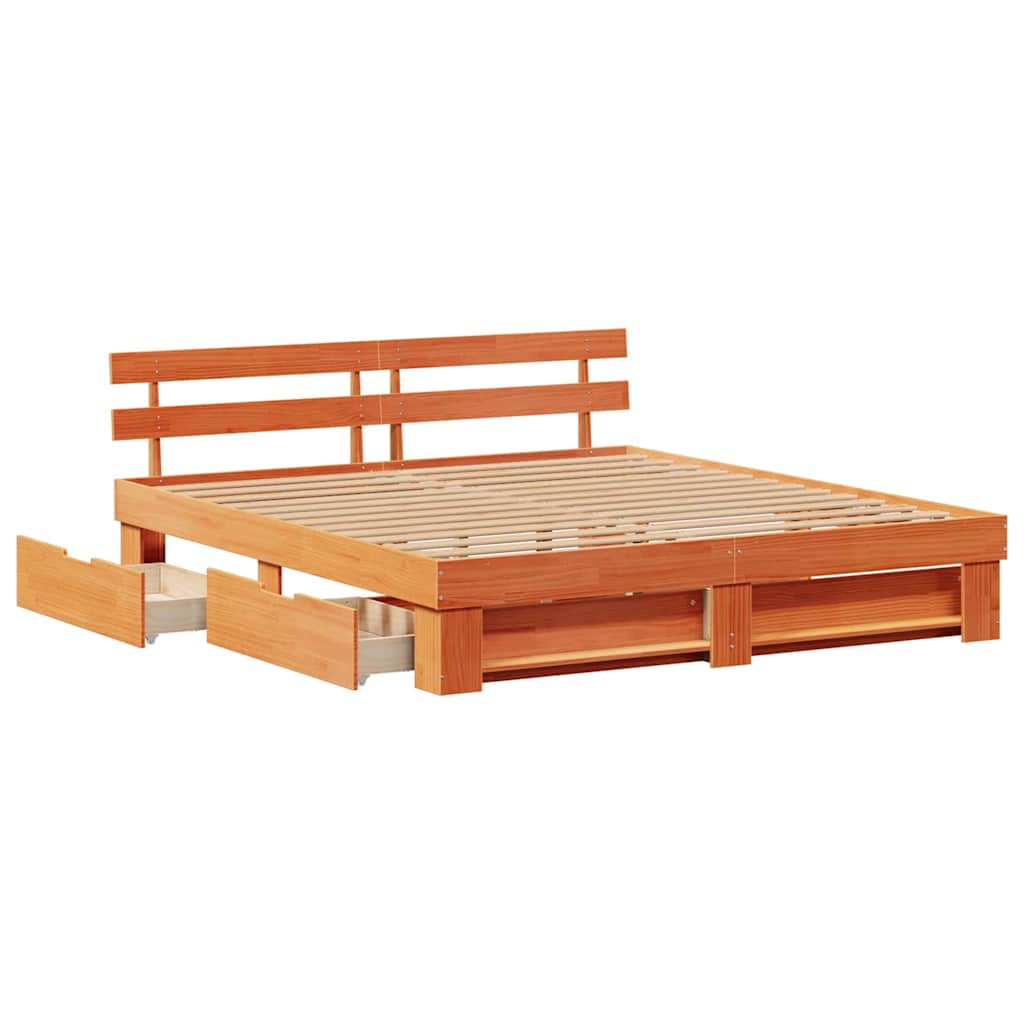 Bed Frame with Headboard Wax Brown 200 x 200 cm Solid Pine Wood