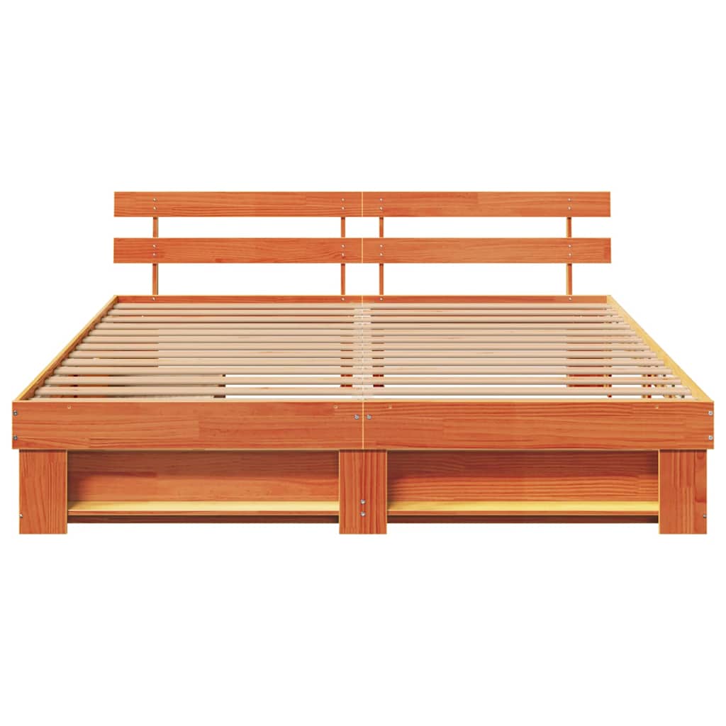 Bed Frame with Headboard Wax Brown 200 x 200 cm Solid Pine Wood