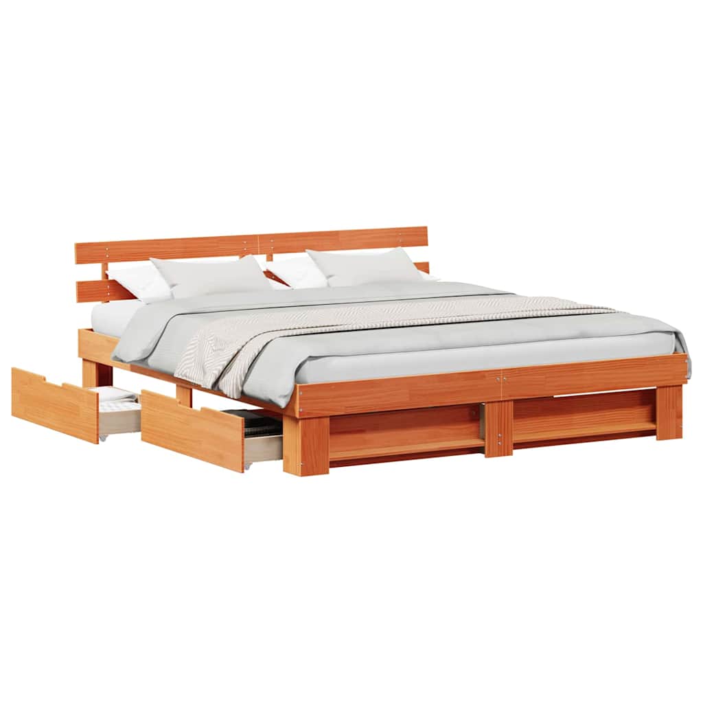 Bed Frame with Headboard Wax Brown 200 x 200 cm Solid Pine Wood