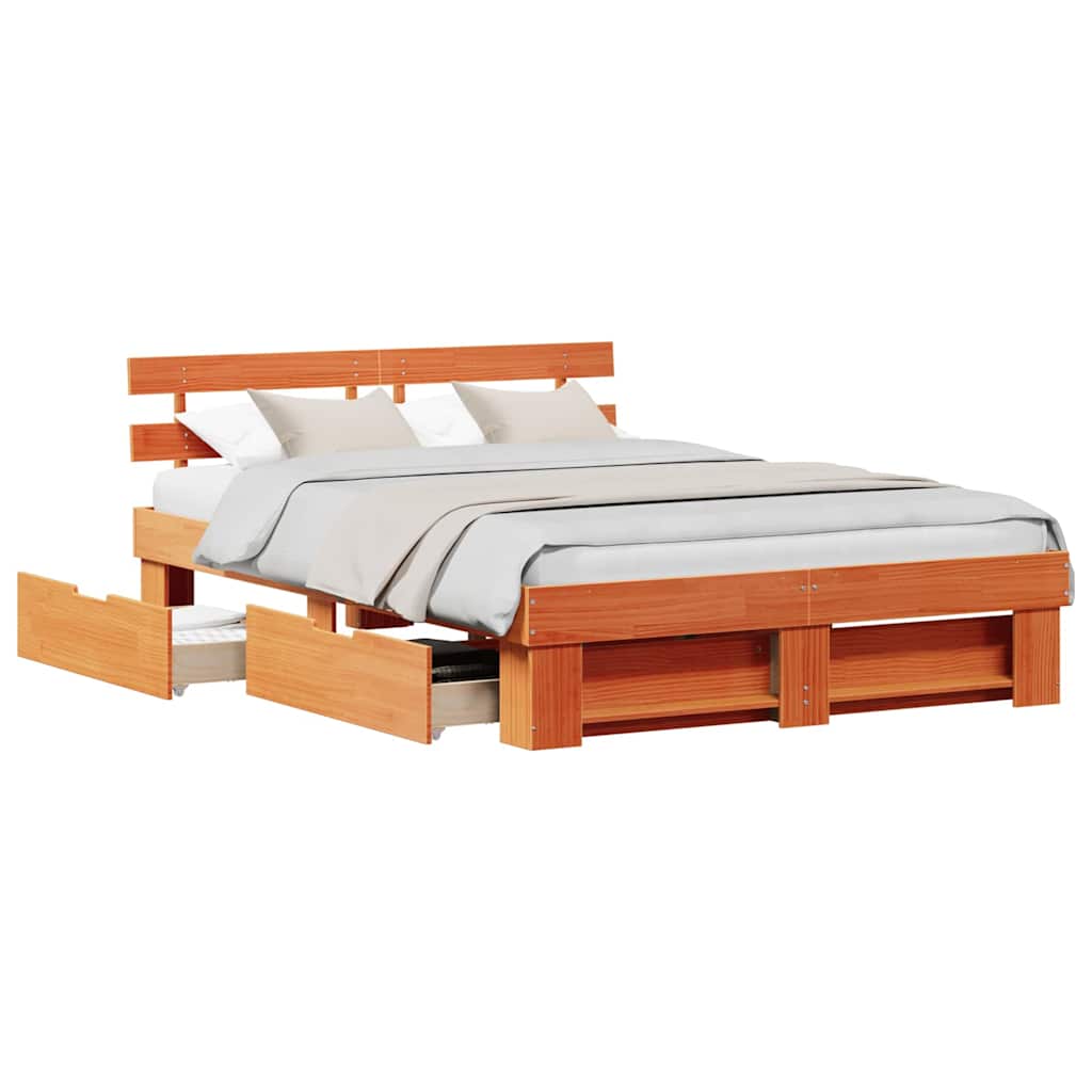 Bed Frame with Headboard Wax brown 140 x 200 cm Solid pine wood