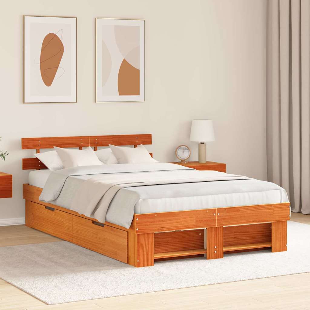 Bed Frame with Headboard Wax brown 120 x 200 cm Solid pine wood