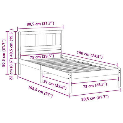 Bed Frame with Headboard White 75 x 190 cm Solid pine wood