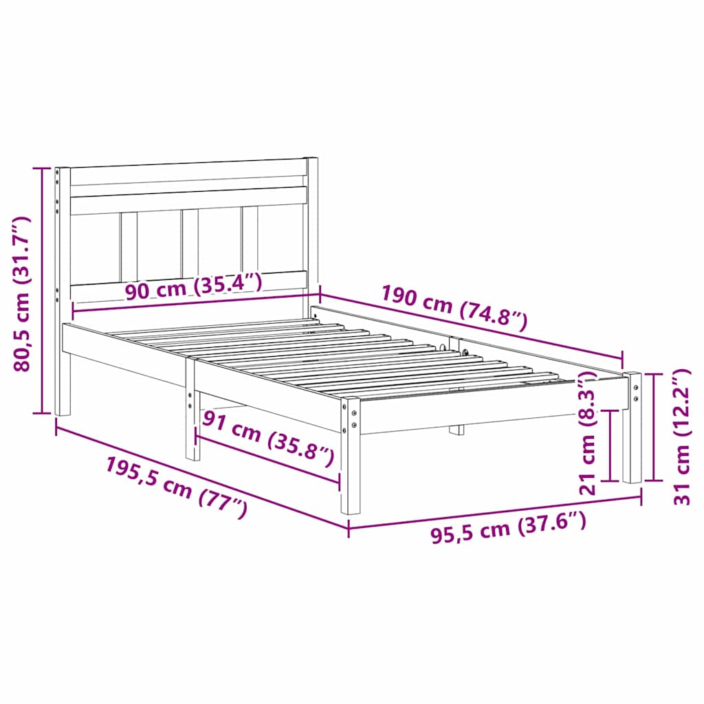 Bed Frame White 90 x 190 cm Solid Pine Wood