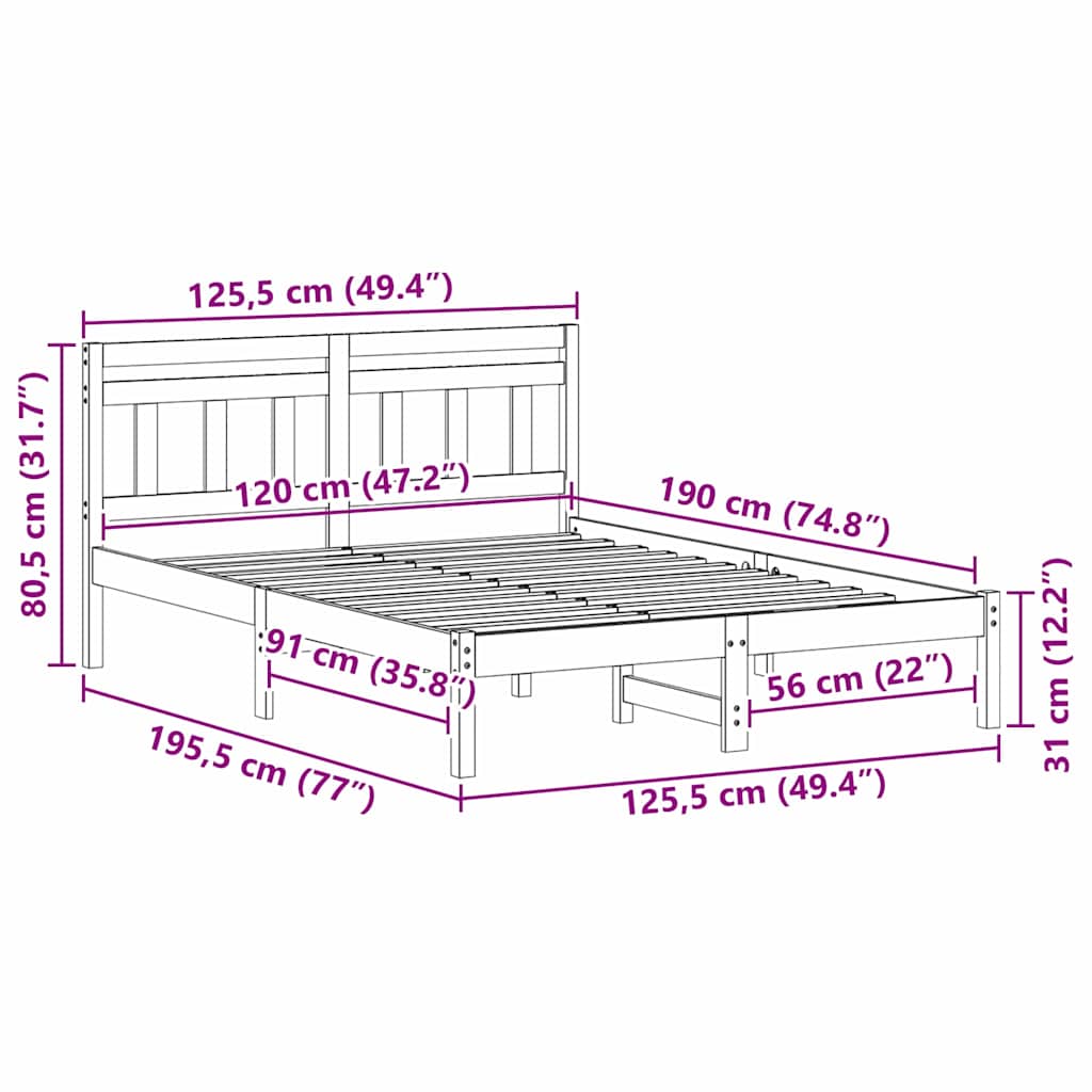 Bed Frame with Headboard Brown Pine wood