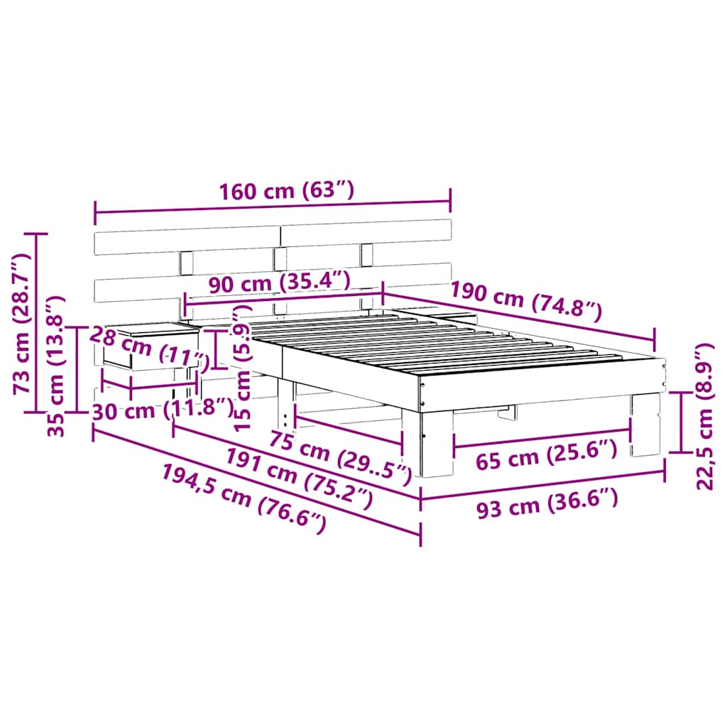 Bed Frame with Headboard Brown 90 x 190 cm Solid pine wood