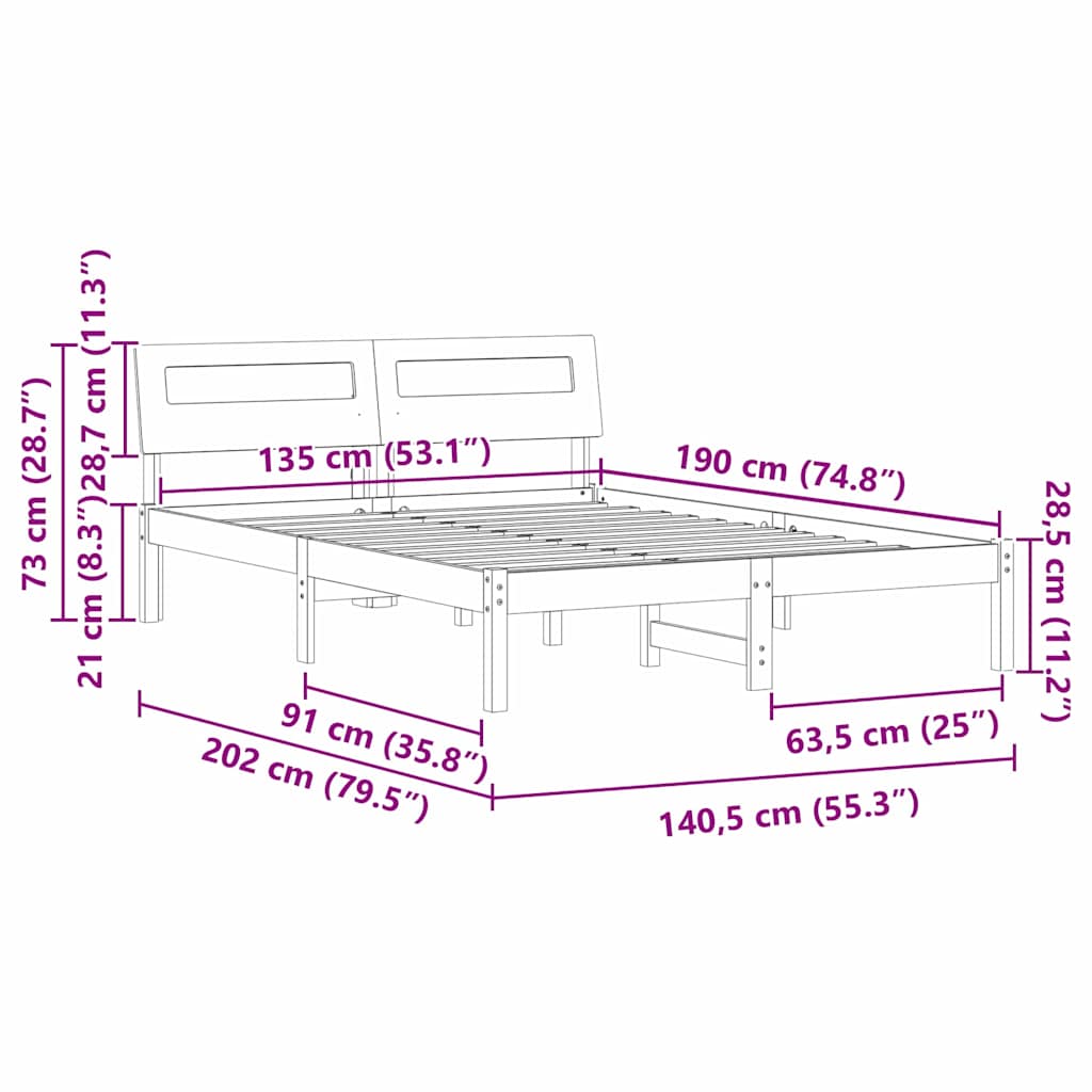 Bed Frame with Headboard Wax brown 135 x 190 cm Solid pine wood