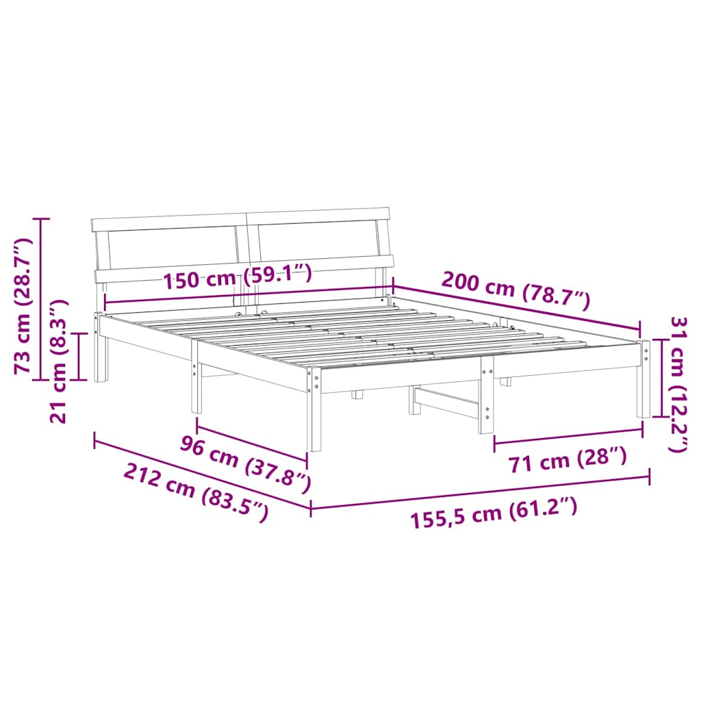 Bed Frame with Headboard White 150 x 200 cm Solid pine wood