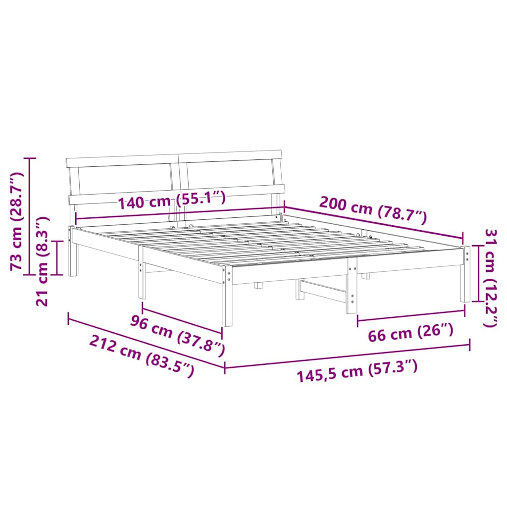 Bed Frame with Headboard Wax brown 140 x 200 cm Solid pine wood