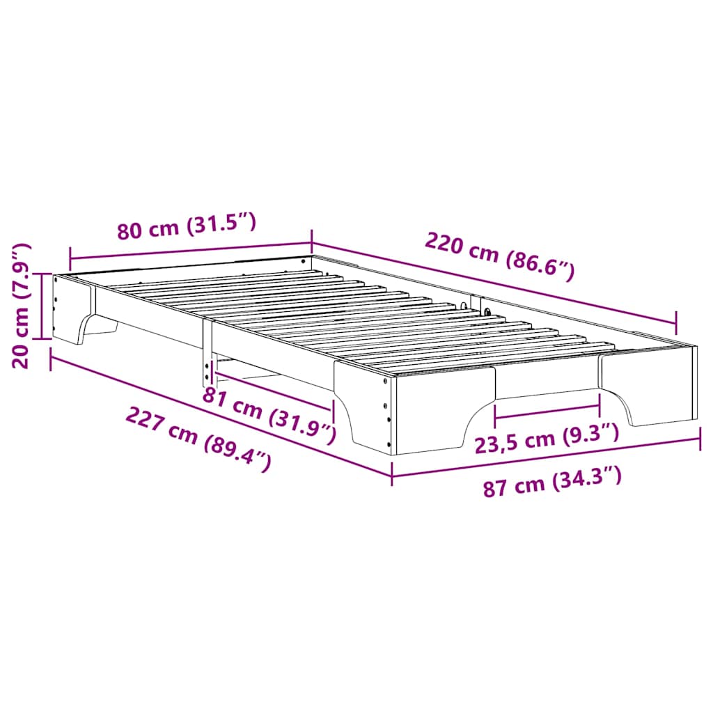 Bed Frame Brown 80 x 220 cm Solid Pine Wood