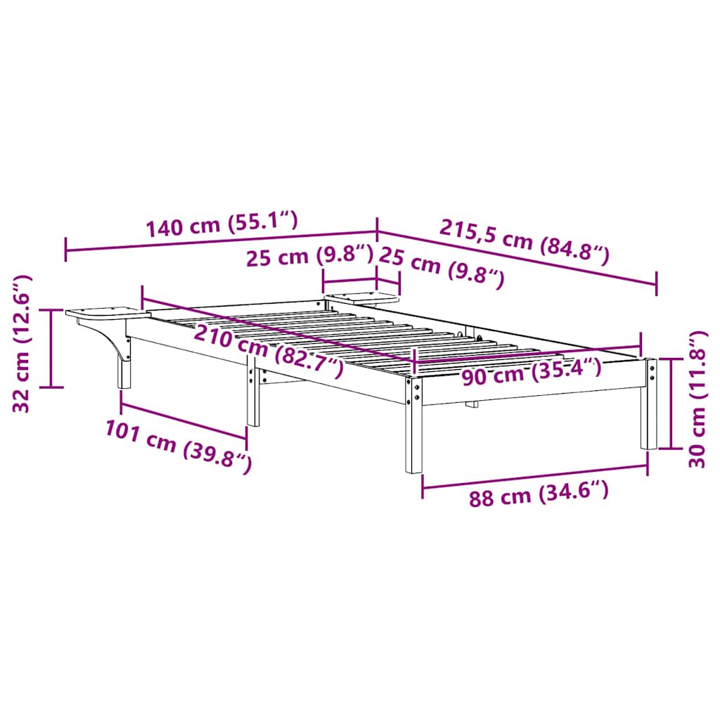 Bed Frame with Side Tables Natural 90 x 210 cm Solid Pine Wood