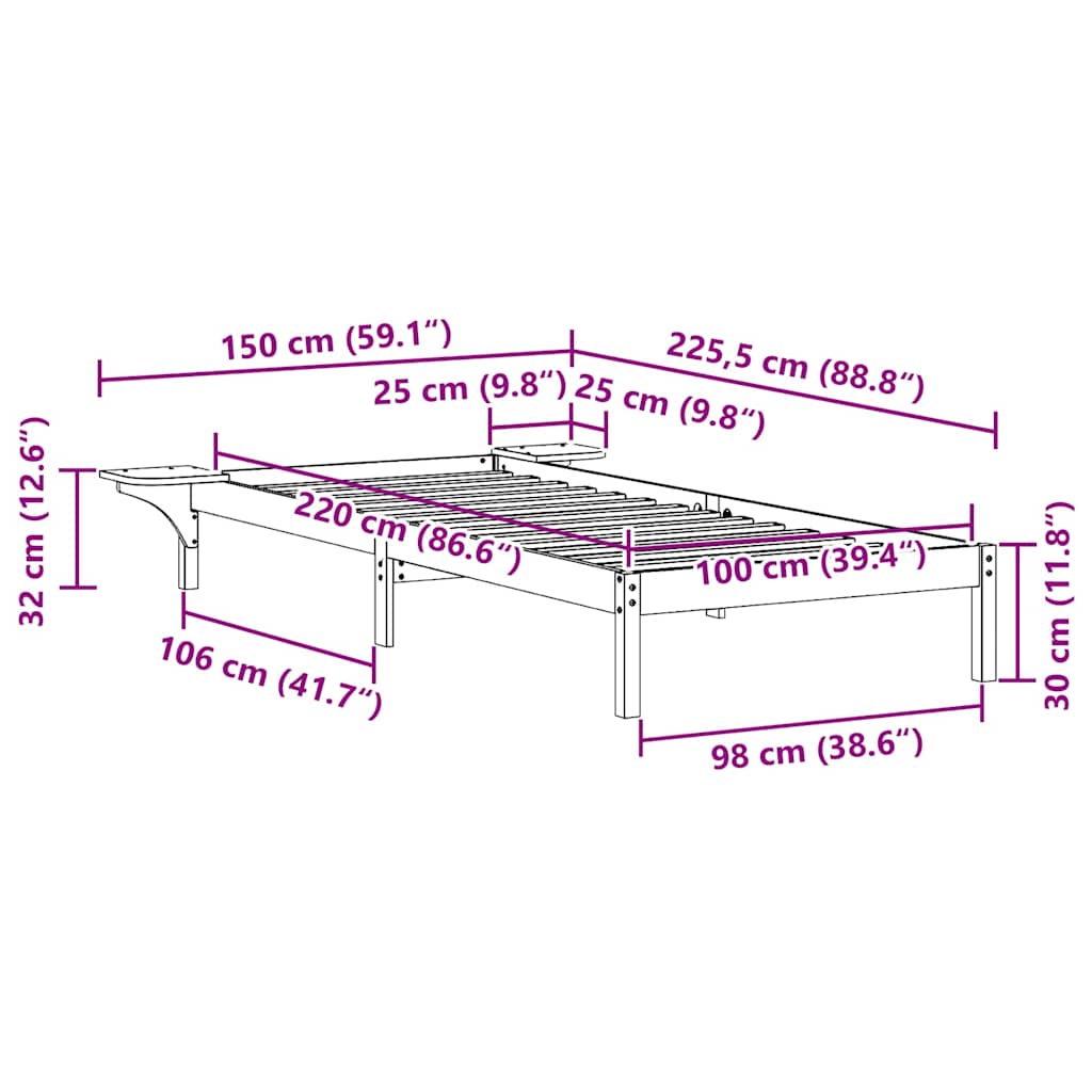 Bed Frame with Side Tables White 100 x 220 cm Solid Pine Wood