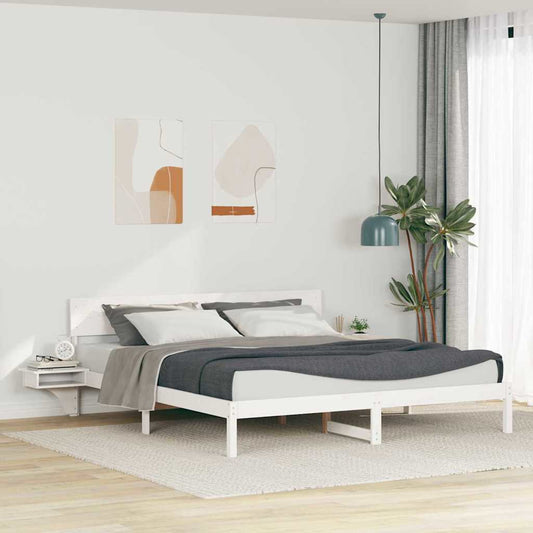 Bed Frame with Bedside Tables White Solid pine wood